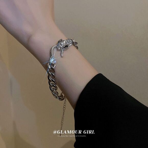 SILVER DIAMOND CUBAN CHAIN SNAKE BRACELET - Picture 4 of 5